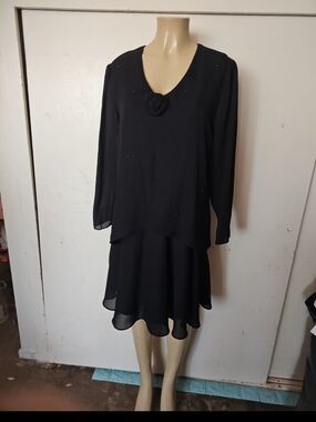 Black V-Neck Midi Dress with Rosette Detail